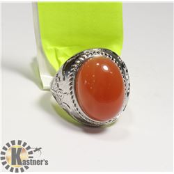 NATURAL AGATE CARNELIAN WHITE METAL RING FOR MEN
