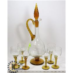 8 PC AMBER GLASS DECANTER SET , 18" TALL DECANTER