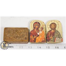 2 VINTAGE HAND CARVED WOOD BOX AND JESUS DISPLAY