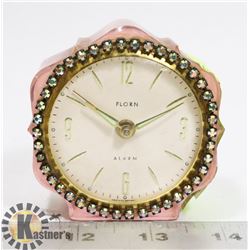 WEST GERMAN FLORN ALARM CLOCK PINK CASE W/JEWELS