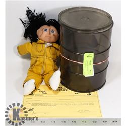 OIL PATCH KID DOLL WITH OIL BARREL & WELL LICENSE