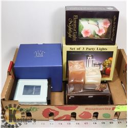 FLAT OF ASSORTED CANDLES AND CANDLE HOLDERS