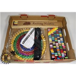 FLAT OF ASSORTED KNITTING SUPPLIES, AND THREAD