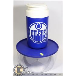 LIDDED BOWL, AND OILERS TRAVEL WATER