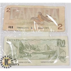 1979 CANADIAN $20 BILL & 1986 CANADIAN $2 BILL