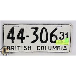 BRITISH COLUMBIA LICENCE PLATE FROM 1931