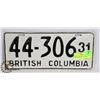 Image 1 : BRITISH COLUMBIA LICENCE PLATE FROM 1931