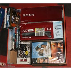 NEW SONY DVD PLAYER,REMOTE,CABLES AND 20 DVDS