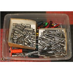FLAT OF HAND TOOLS & BOX OF SOCKETS AND ADAPTERS