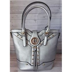 SILVER BUCKET STYLE PURSE WITH GOLD ACCENTS