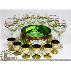 VENETIAN GREEN & GOLD MURANO GLASS SET-