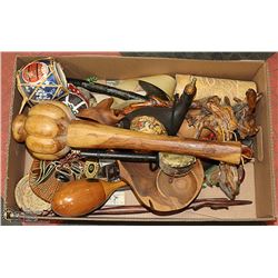 FLAT OF WORLDLY DECOR WOOD PIECES.