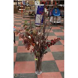 LARGE CLEAR VASE WITH ARTIFICIAL PLANTS &