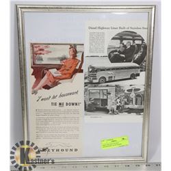 1940'S GREYHOUND BUS ADVERTIZING AD IN FRAME