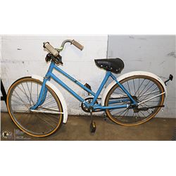 VINTAGE BLUE CCM BIKE. OUTDOORS FLAT BACK TIRE.