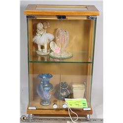 WOOD & GLASS CABINET 14" TALL WITH ORANMENTS