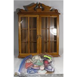 WOOD & GLASS CABINET 19" TALL WITH HAT & PURSE