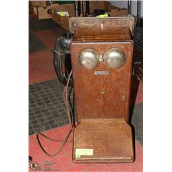 ANTIQUE WALL PHONE, WOOD CABINET, WRITING PAD