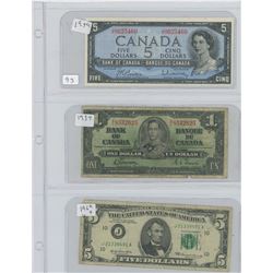 1954 CANADIAN 5 DOLLAR BILL 1937 CANADIAN 1 DOLLAR BILL 1969 AMERICAN 5 DOLLAR BILL