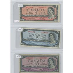 1954 CANADIAN 2 DOLLAR BILL, 1954 CANADIAN 5 DOLLAR BILL, 1954 CANADIAN 10 DOLLAR BILL