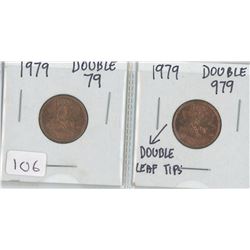 1979 CANADIAN PENNY DOUBLE 79 1979 CANADIAN PENNY DOUBLE 979 DOUBLE LEAF TIPS