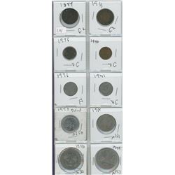 2 LARGE PENNIES, 2 PENNIES, 2 NICKELS, 1 QUARTER, 1 50 CENT PIECE, 2 SILVER DOLLARS CANADIAN