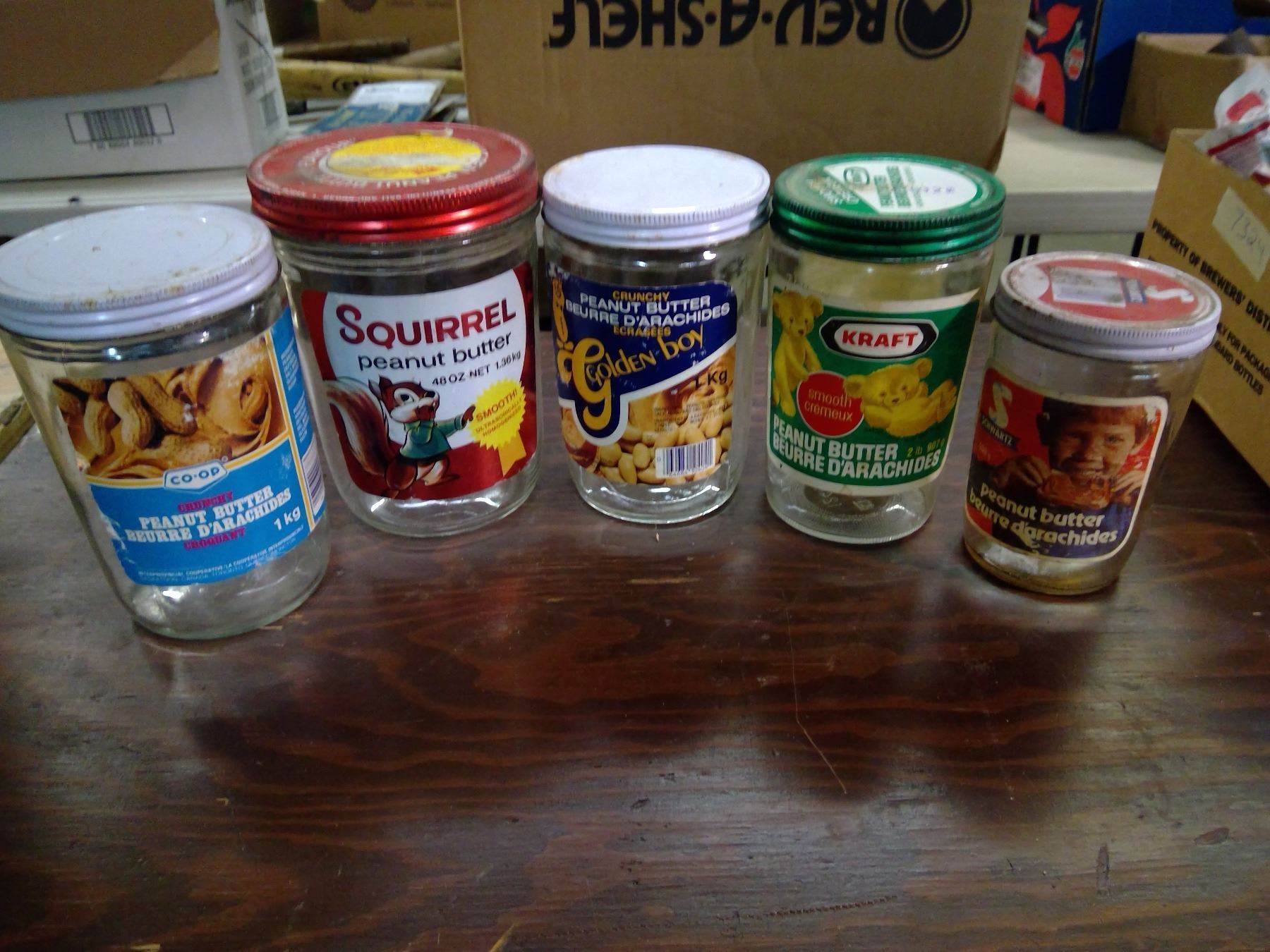 5 VINTAGE GLASS PEANUT BUTTER JARS Schmalz Auctions