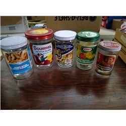 5 VINTAGE GLASS PEANUT BUTTER JARS