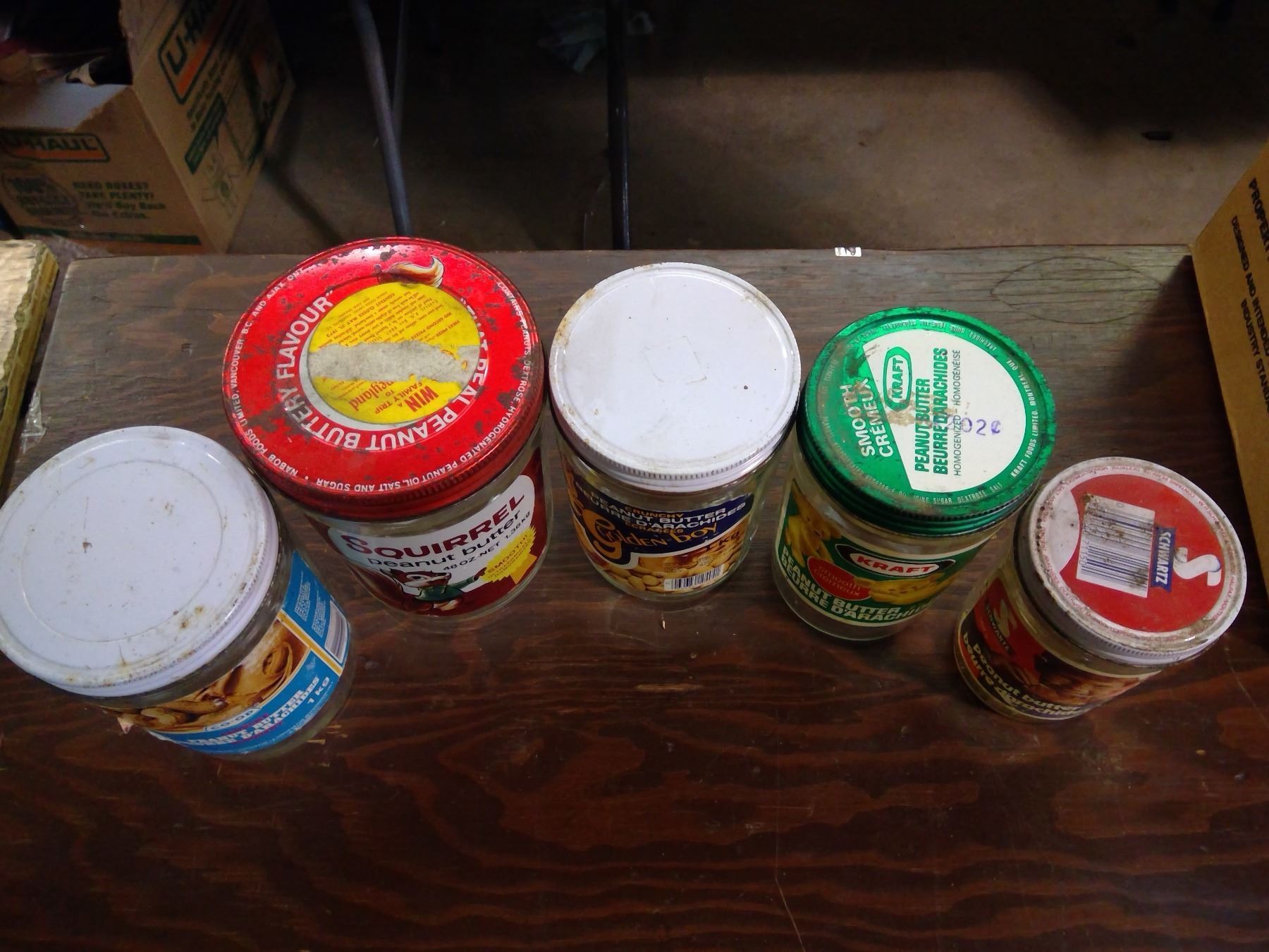 5 VINTAGE GLASS PEANUT BUTTER JARS