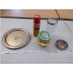 SILVER PLATTER, SILVER CANDY DISH, VINTAGE THERMOS, GLASS VASE, AND TIN CANDY CONTAINER