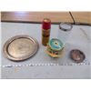 Image 1 : SILVER PLATTER, SILVER CANDY DISH, VINTAGE THERMOS, GLASS VASE, AND TIN CANDY CONTAINER