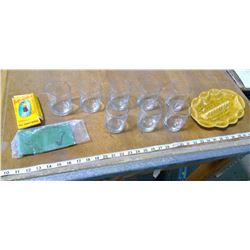 DRINKING GLASSES, POTTERY ASH TRAY, ICE GRIPPERS, NEW OLD STOCK