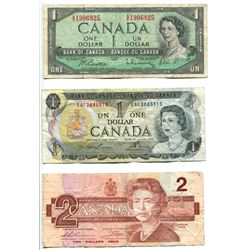 CANADA BILLS PAGE $1 (1954), $1 (1973), $2 (1986)