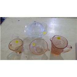 COLOURED GLASS PITCHER, CREAM AND SUGAR, CANDY DISH