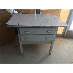 VINTAGE BAKERS TABLETOP MEASURES 40 INCHES X 26 INCHES AND STANDS 31 INCHES TALL