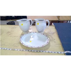 MILK GLASS PITCHERS AND PORCELAIN PLATE