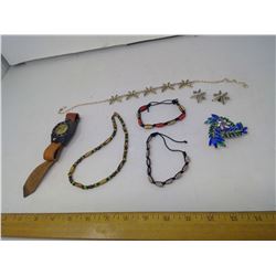 WODEN BEAD NECKLACES, BRACELETS, COMPASS WATCH, BROOCH, AND LEAF NECKLACE WITH MATCHING EARRINGS
