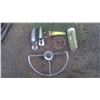 Image 1 : MISC. SHOVELS, STEERING WHEEL, AND A HORSESHOE