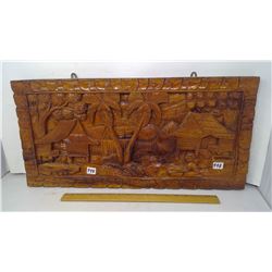 1980 24" WIDE 1" THICK HARDWOOD CARVED SLAB 'THAI VILLAGE' TEAK