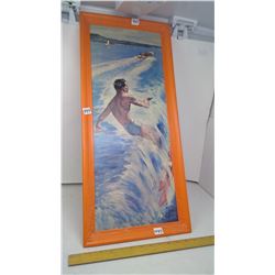 1965 LITHO PRINT 'WATER SKIER' IN ORIGINAL 1965 ORANGE PLASTIC FRAME - 27"