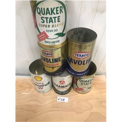 6 OIL CONTAINERS - TEXACO, SHELL, QUAKER STATE - 3 TIN AND 3 CARDBOARD