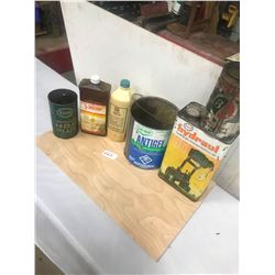 6 OIL TINS AND BOTTLES - ESSO, B/A, CO-OP, PACIFIC 66, ETC.