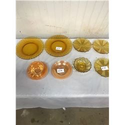 6 AMBER GLASS PIECES - 8" AND 6" PLATES AND 3 FIRE KING PEACH LUSTER PIECES