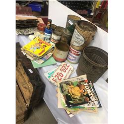 TRUNK FULL OF TINS, LICENSE PLATES, COMICS, ETC. - TRUNK IS AS IS CONDITION