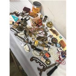 JUNK DRAWER OF COLLECTIBLES, HARDWARE, KNIVES, HINGES, ETC.