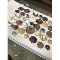 LOT OF CROCK AND TEA POT LIDS, ETC. - APPROXIMATELY 40 PIECES