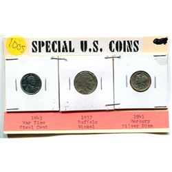 3 US COINS - STEEL CENT, BUFF. NICKEL, MERCURY DIME