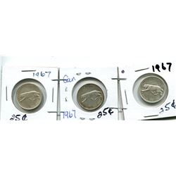 3 1967 CENTENNIAL CANADIAN 25 CENT COINS