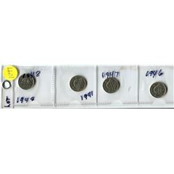 4 CANADIAN 5 CENT COINS - 1948, 1941, 1947, 1946