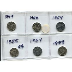 6 CANADIAN 5 CENT COINS - 1949, 1956, 1954, 1955, 1954, 1958